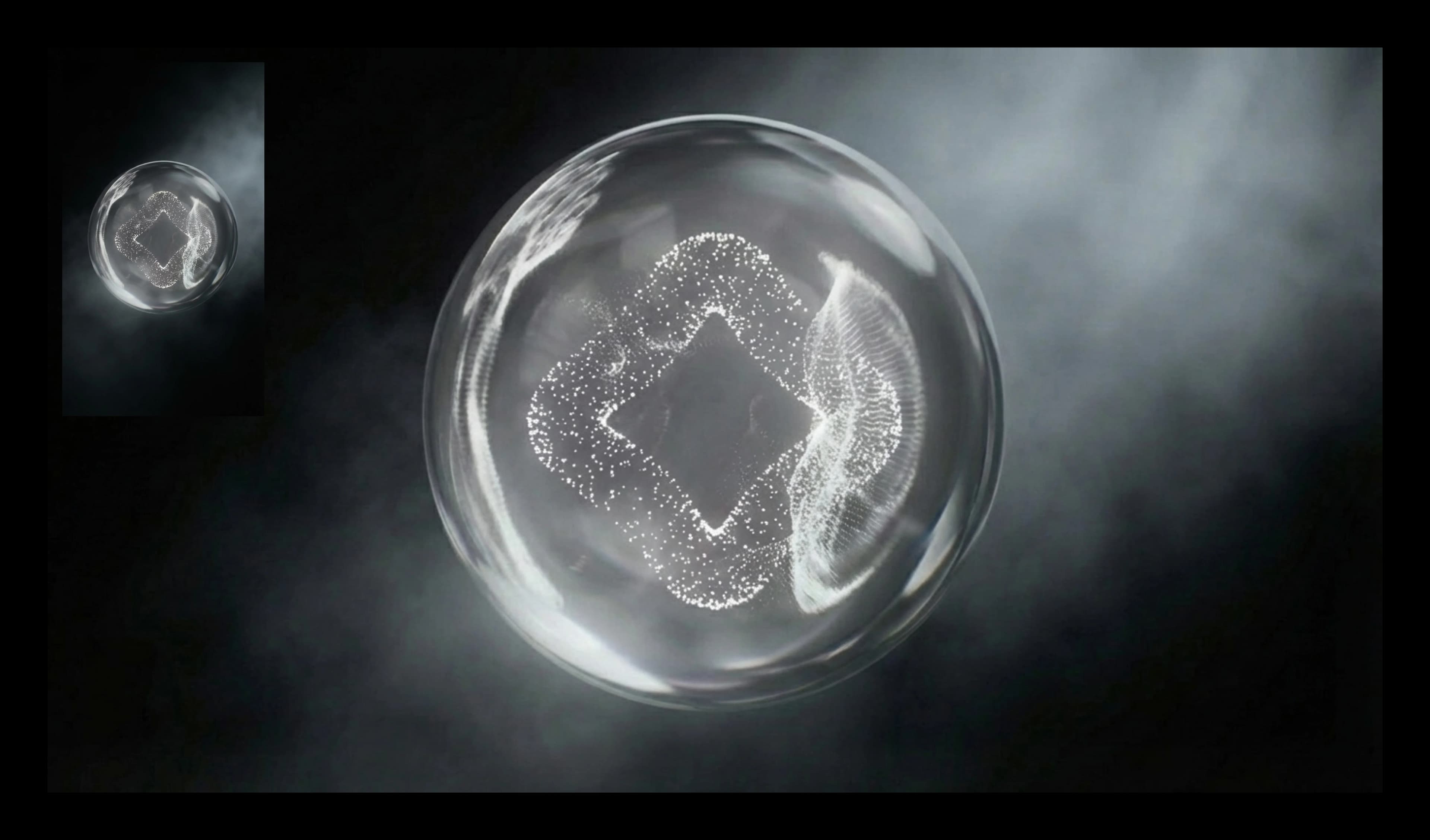 An interconnected field of particles inside a glass sphere