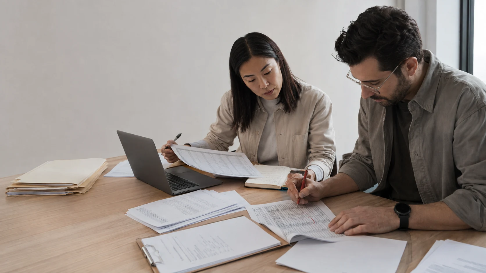 Two accounting evaluators independently checking an AI reconciliation against source evidence