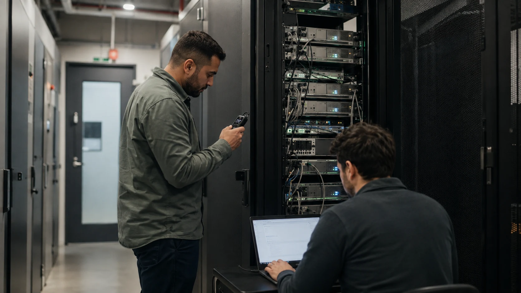 An AI engineering team running an acceptance workload beside the serving rack