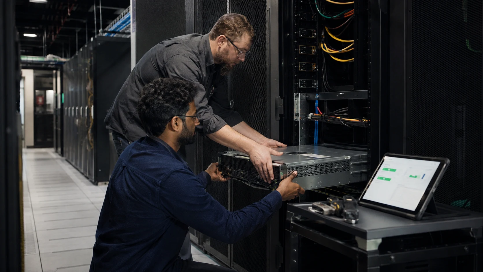 Infrastructure technicians installing dedicated compute capacity into a rack
