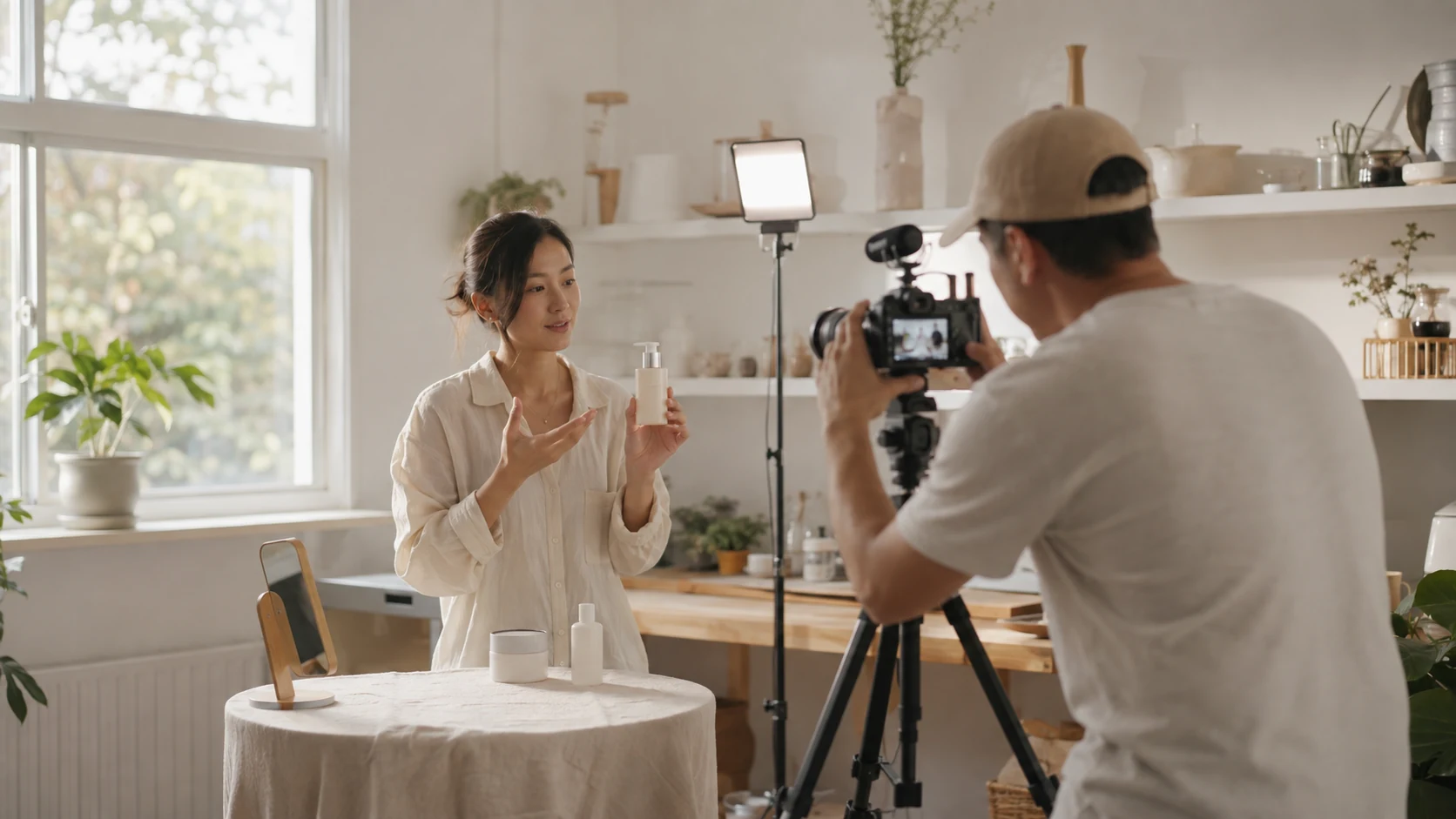 A creator demonstrating a product while a camera operator films the take