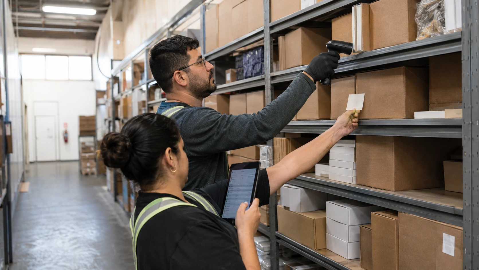 Data specialists scanning and independently checking warehouse inventory