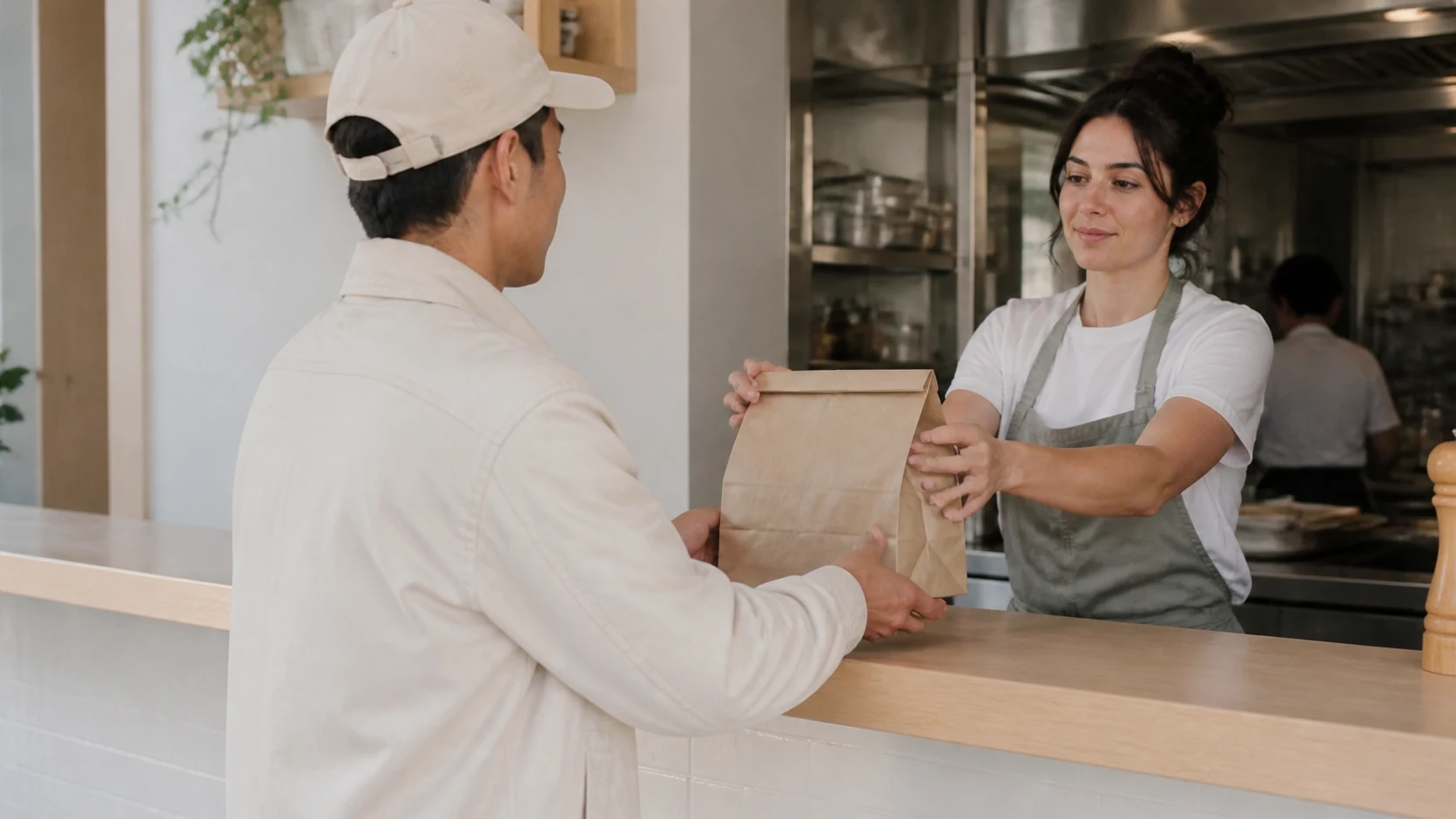 A restaurant expediter handing the sealed meal order to its courier