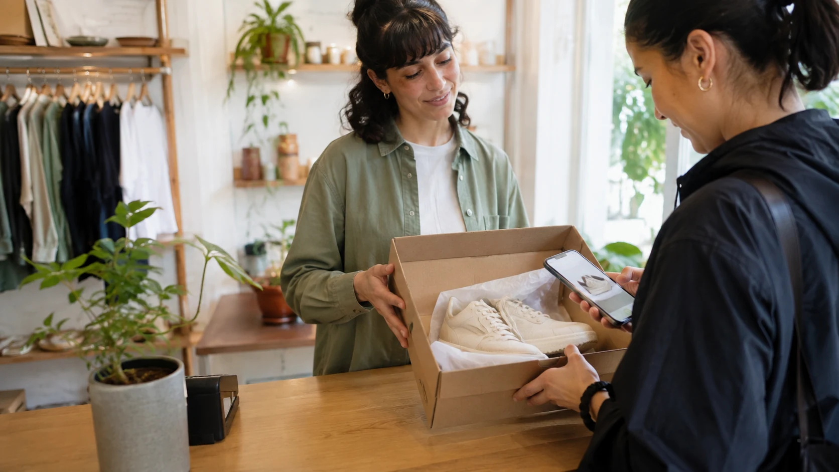 A customer verifying a collected shoe order with a store associate