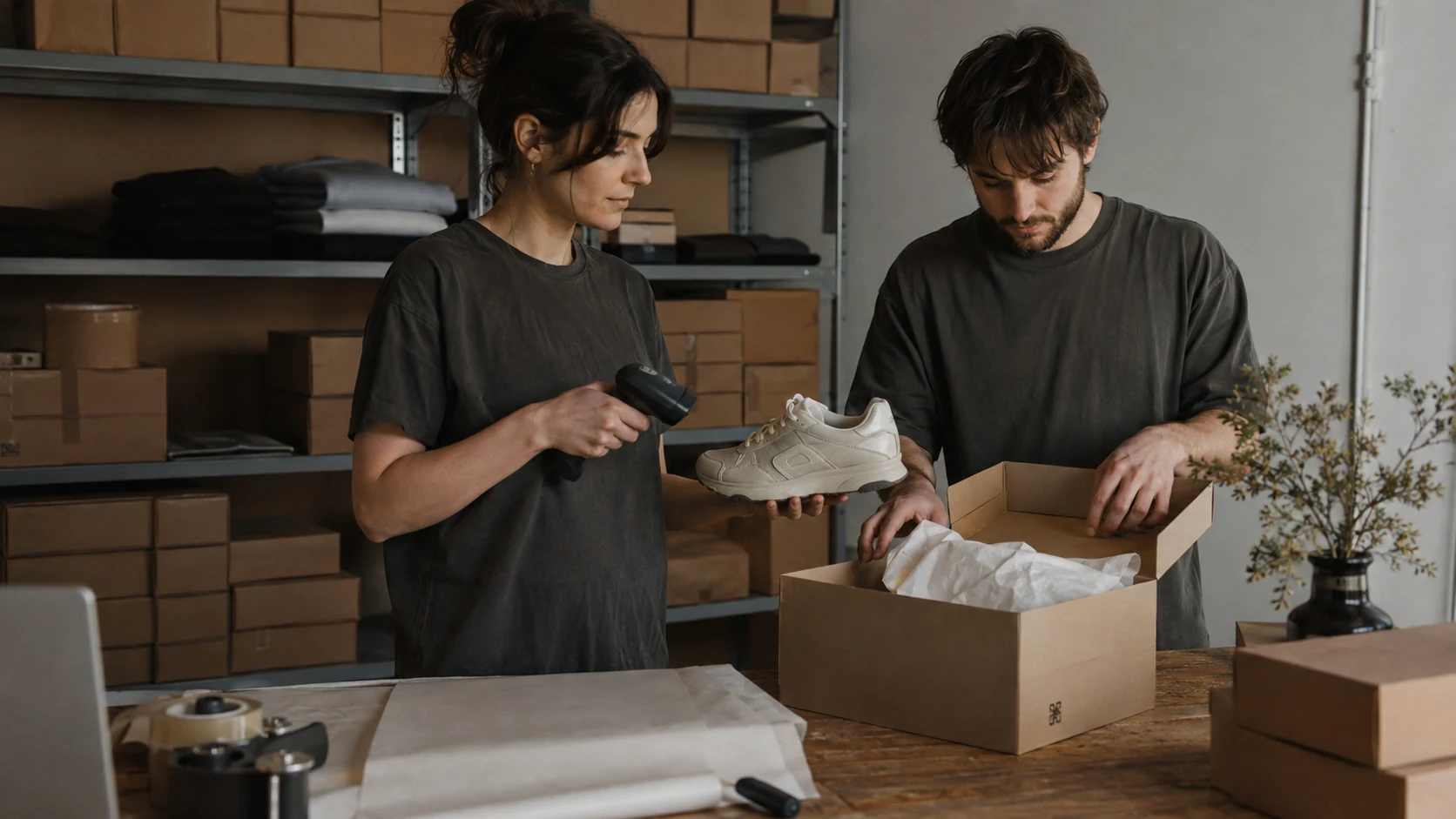 Retail workers scanning, checking, and packing the ordered shoe