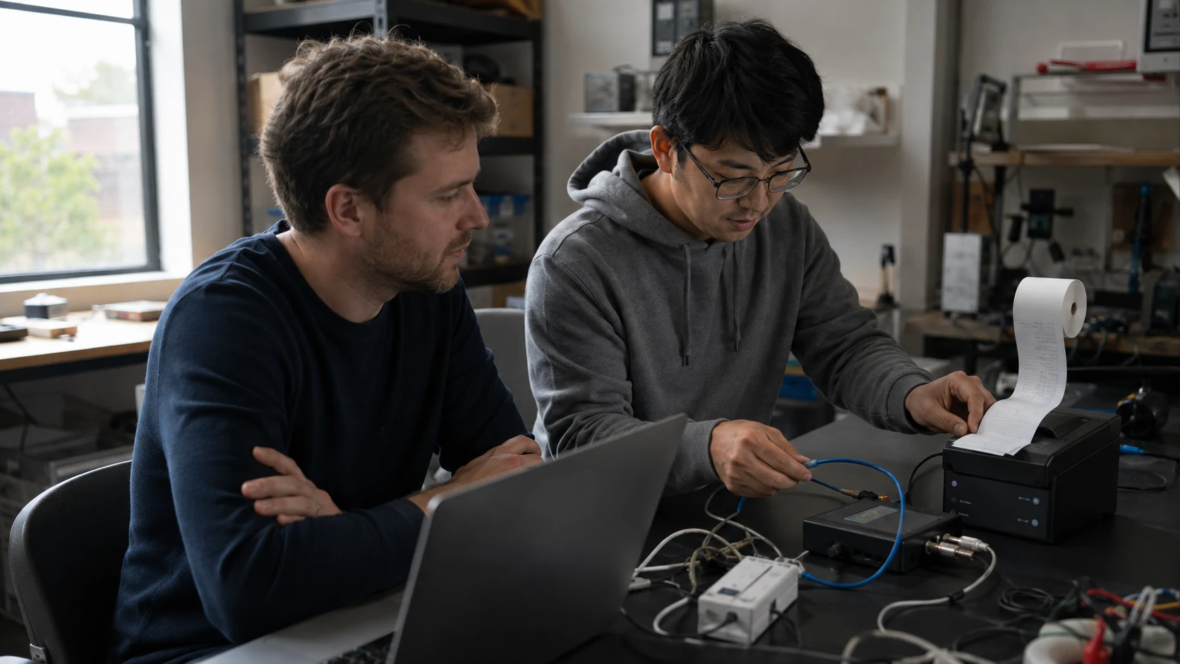 Integration engineers tracing a connected device while rerunning its transaction