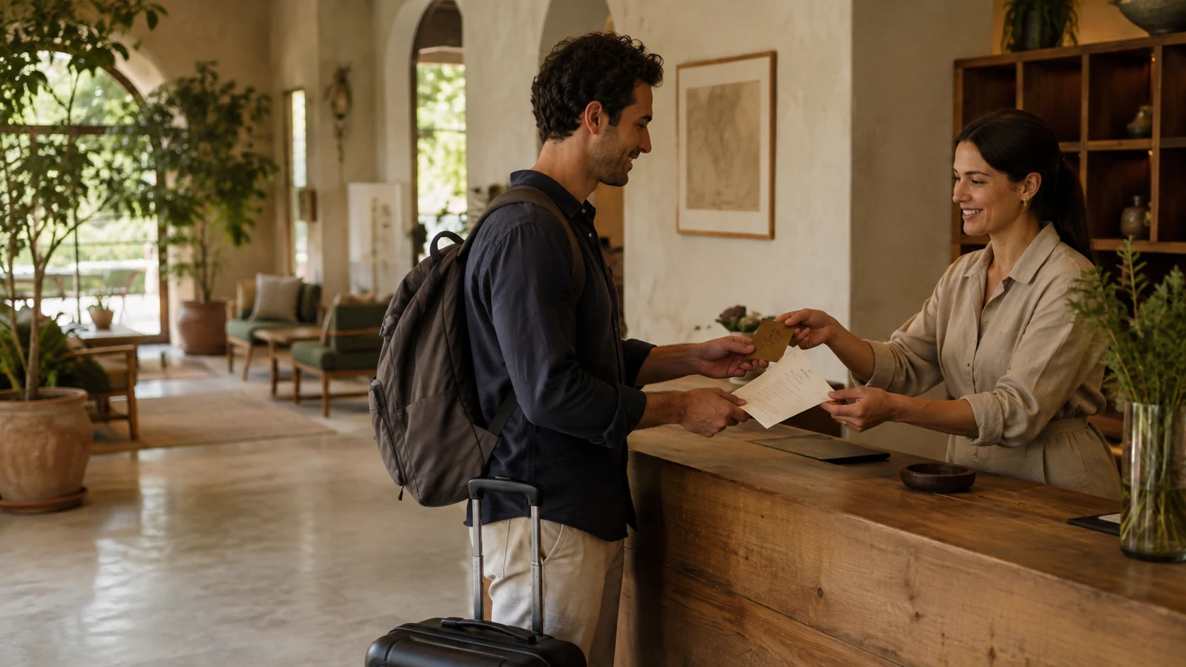 A traveler receiving a room key and itinerary during check-in