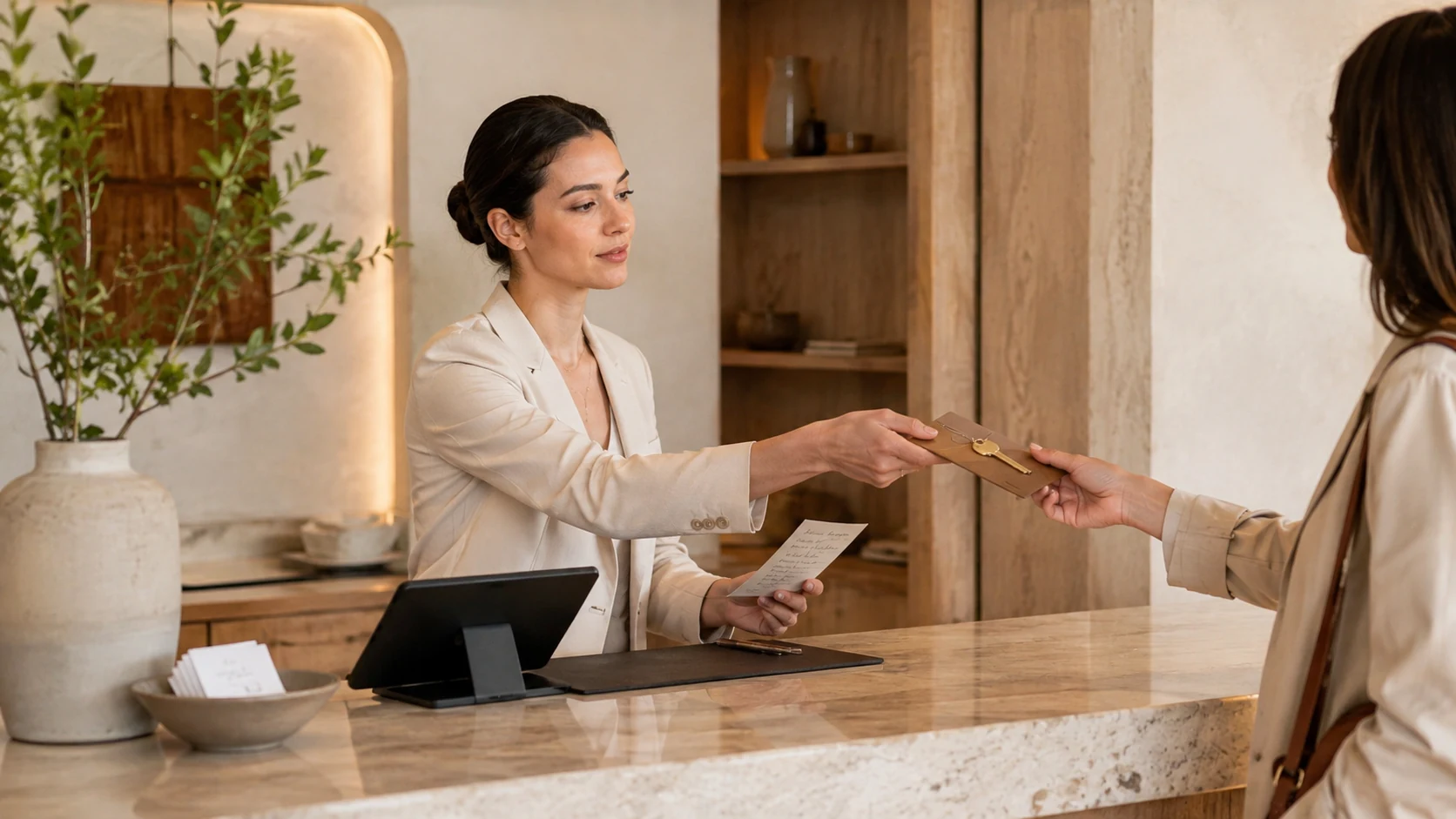 A hotel host completing the reservation and handing over the room key