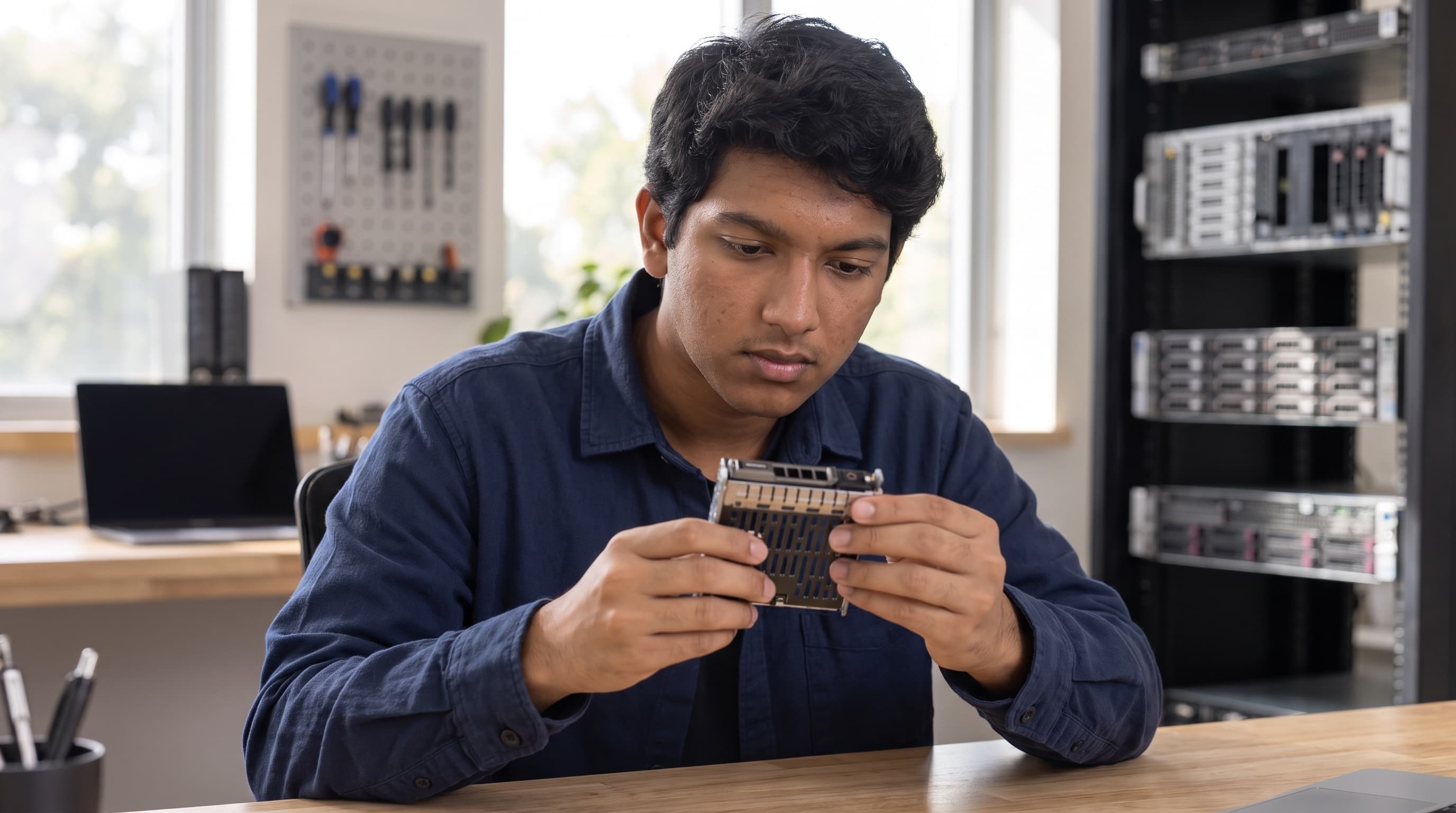 Editorial illustration of Bhumish Dayal at work on server hardware.