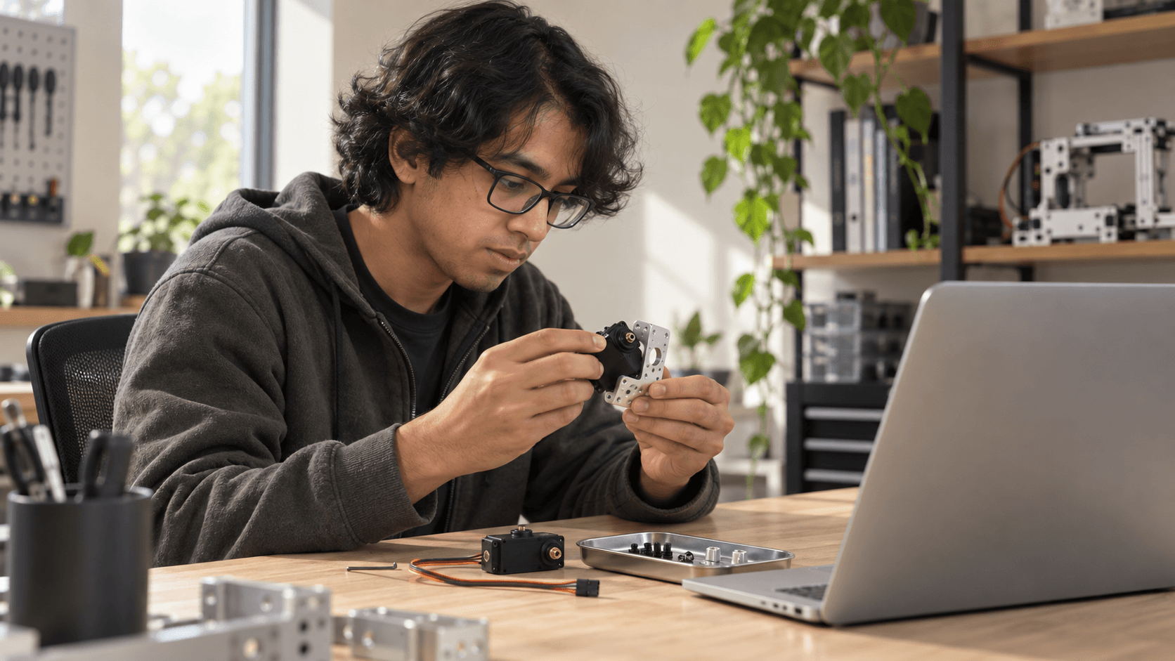 A person examining a servo at a robotics workbench.