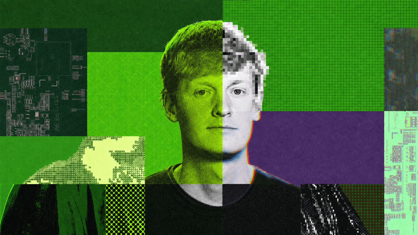 A digitally layered portrait representing connected software systems.