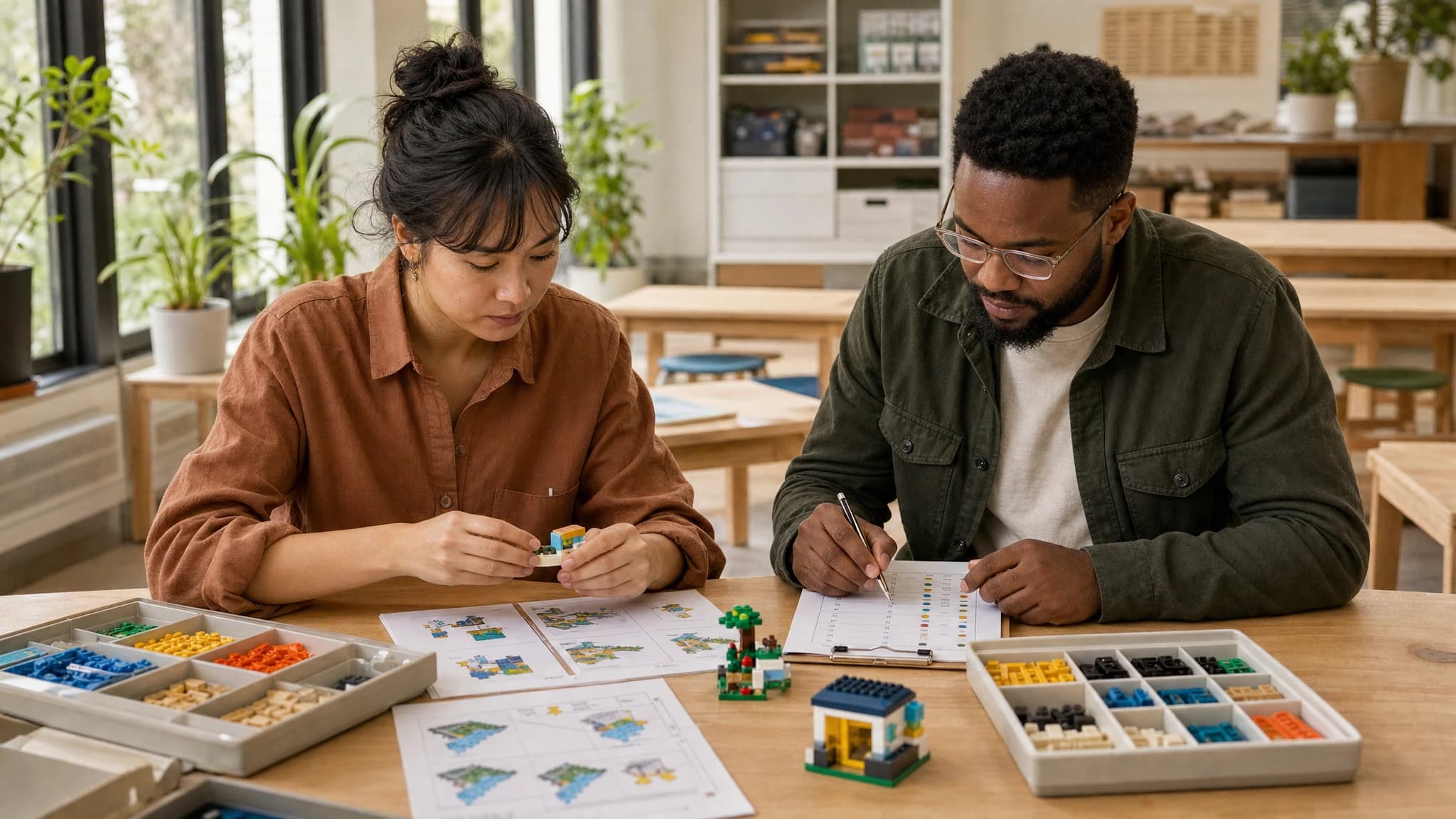 A retail activity team checks building materials, example models and facilitation instructions before an event.
