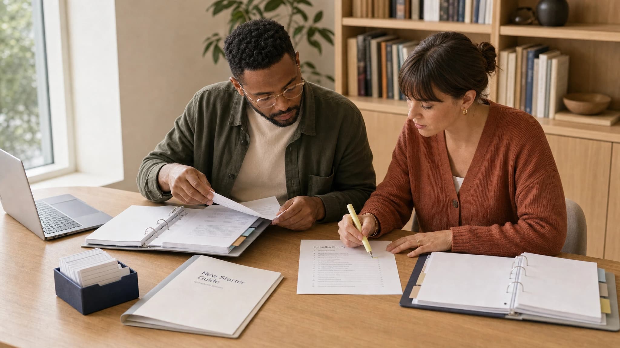 A technical writer and colleague organize source documents into an onboarding guide.