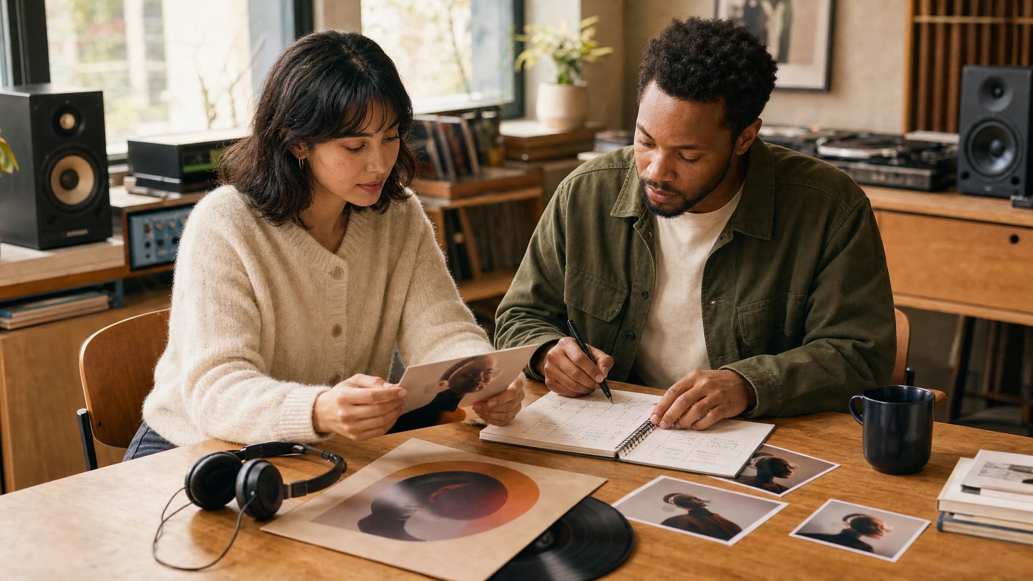 A content designer and art director compare release artwork, channel formats and a campaign calendar.