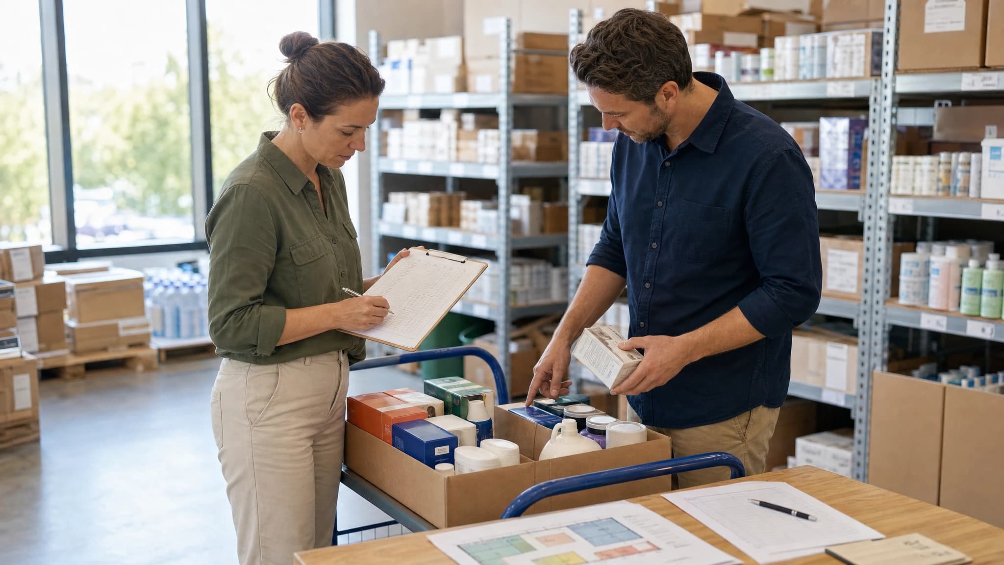 An inventory analyst and stockroom colleague check replenishment quantities and delivery constraints.
