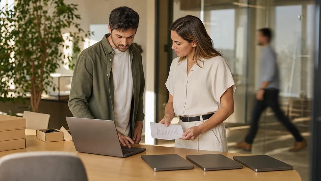 Colleagues reviewing a handoff at a laptop.