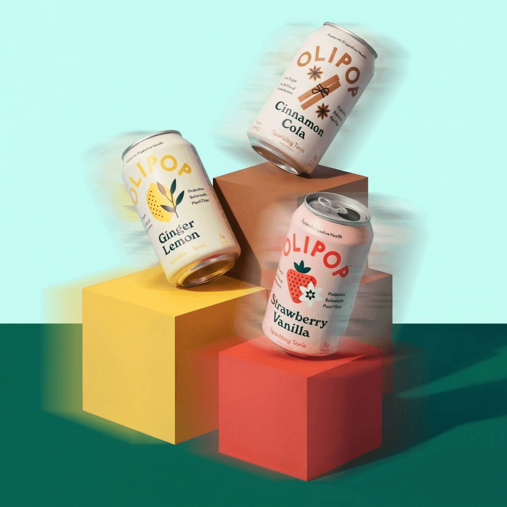 Three OLIPOP cans arranged on colorful blocks against a mint-green background.