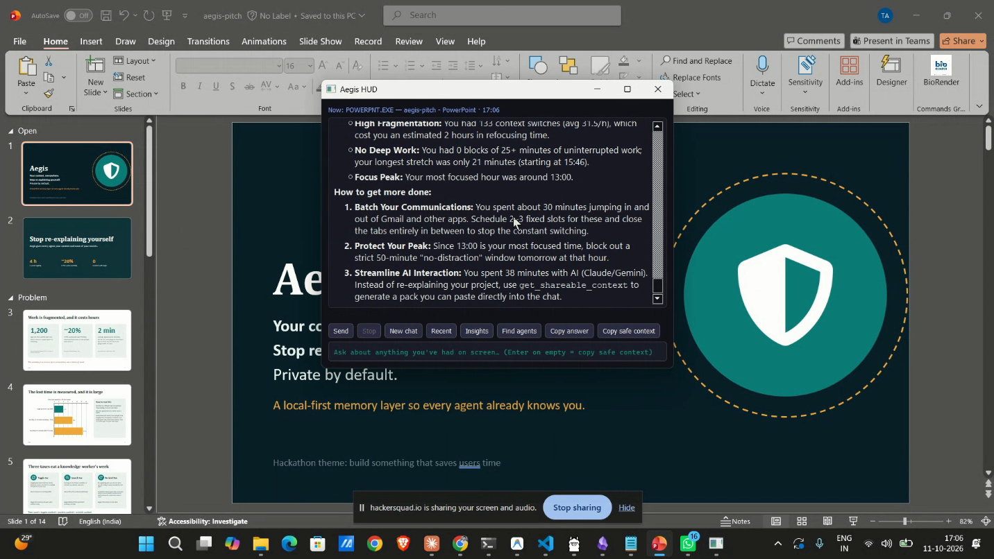 The original Aegis HUD over a Windows PowerPoint session, showing work-context insights and Find agents and Copy safe context controls.