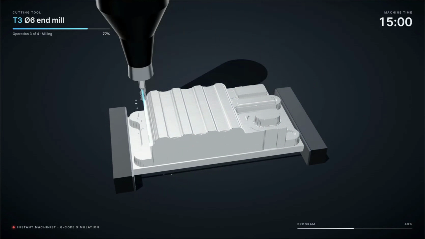 AGI Machinist’s original G-code simulation showing an end mill machining a metal housing, with tool and operation progress visible.