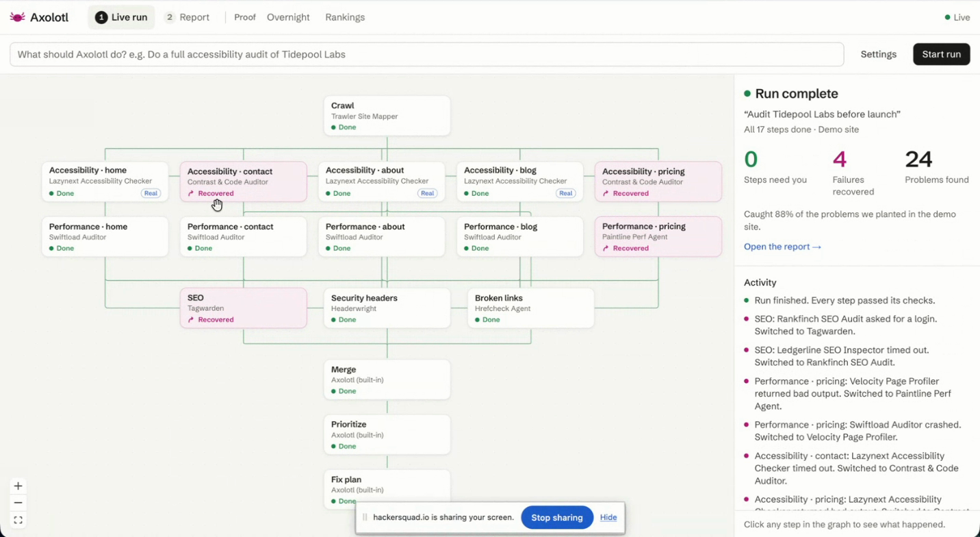 Axolotl’s original dashboard showing recovered accessibility, performance, and SEO tasks with an activity log of replacement tools.