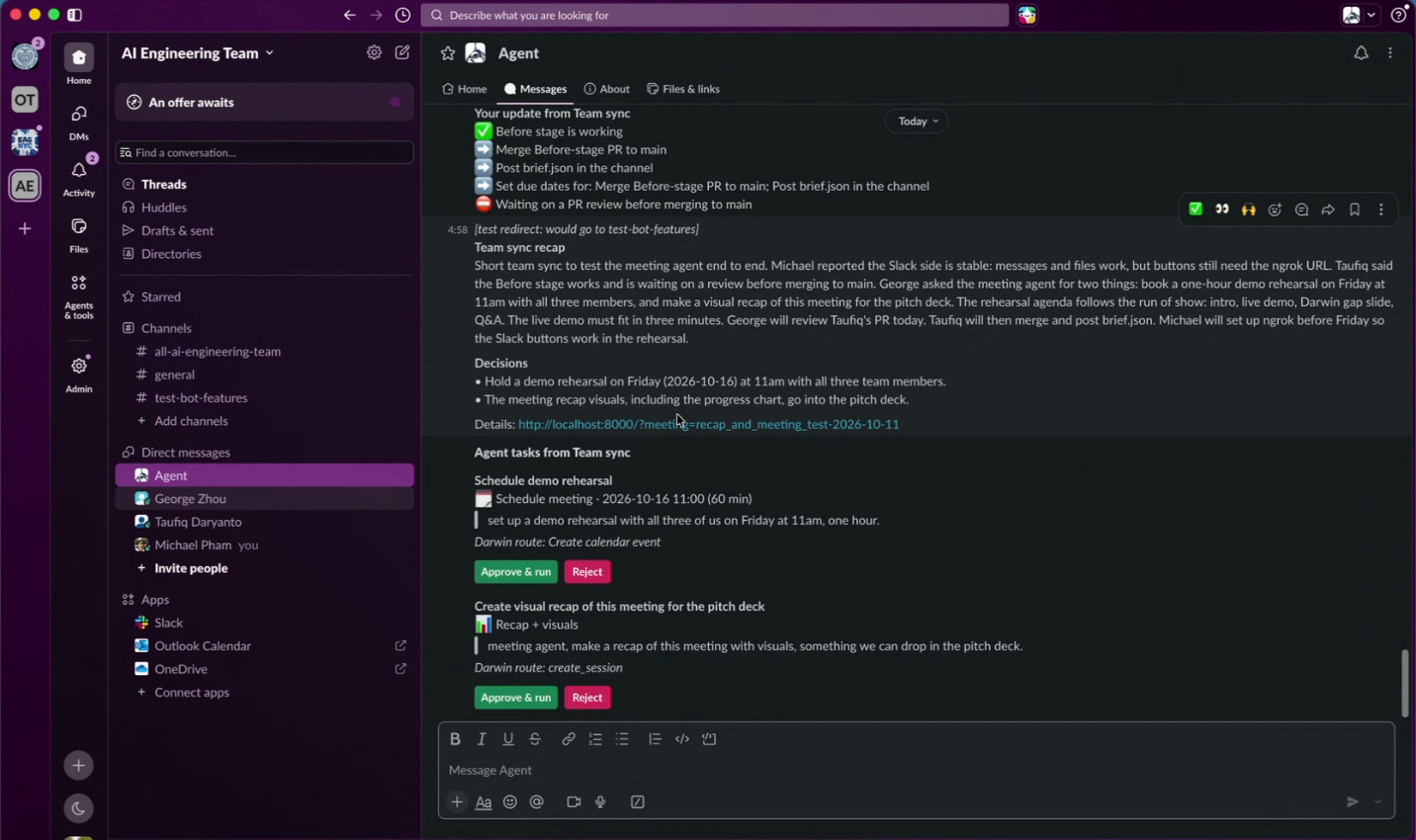Charlotte’s original Slack demo showing a meeting recap, decisions, and follow-up tasks with Approve and run and Reject buttons.