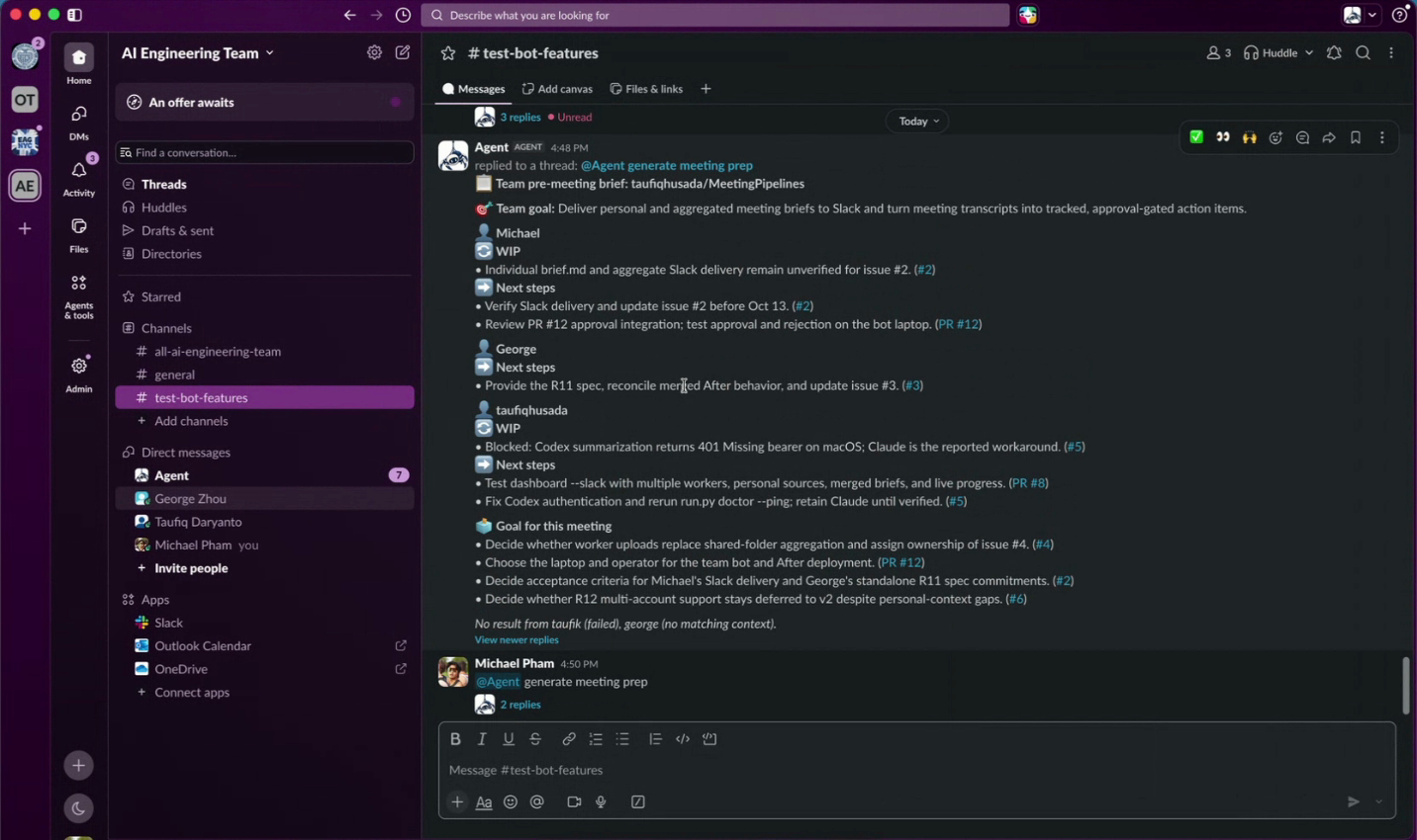 Charlotte’s original Slack demo showing a team pre-meeting brief, work in progress, and next steps for the team.