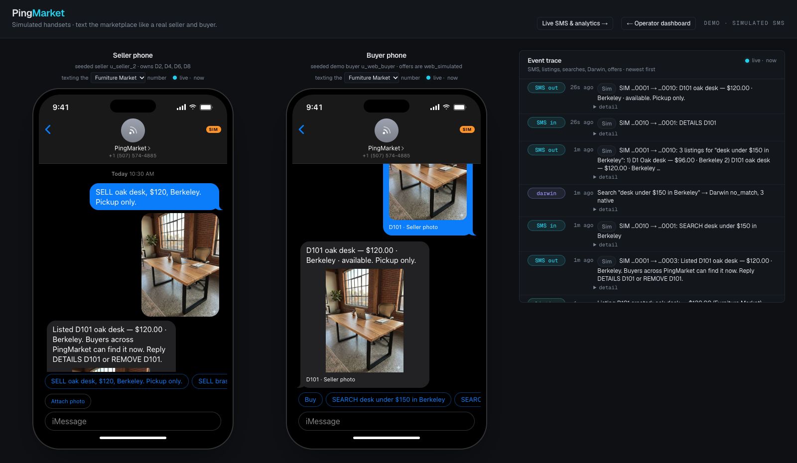 PingMarket’s original simulator showing a buyer requesting details for the seller’s desk listing, with its price, location, and availability.