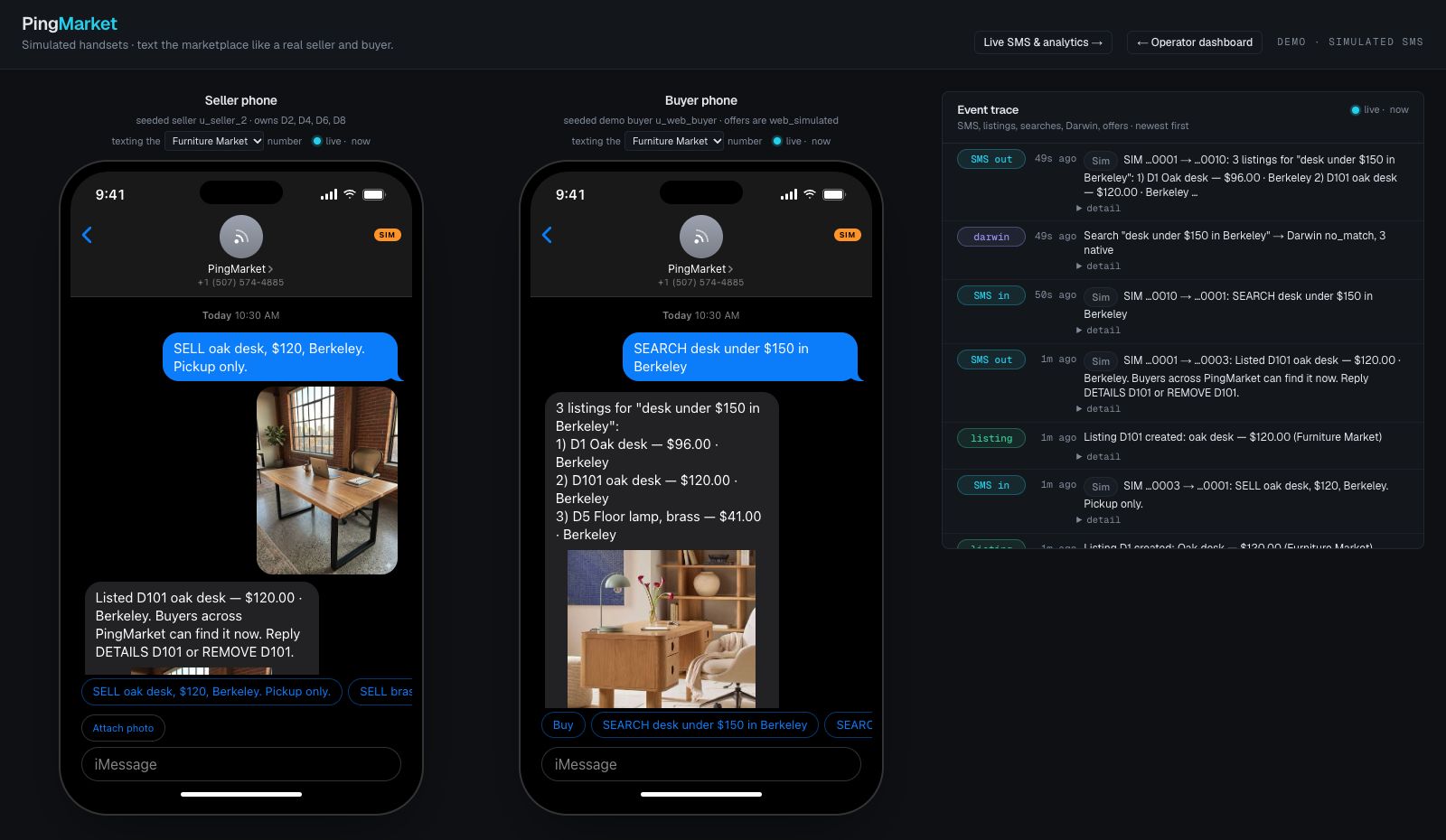PingMarket’s original simulated seller and buyer phones, showing a desk listing, a shopping request, and the Darwin search event trace.
