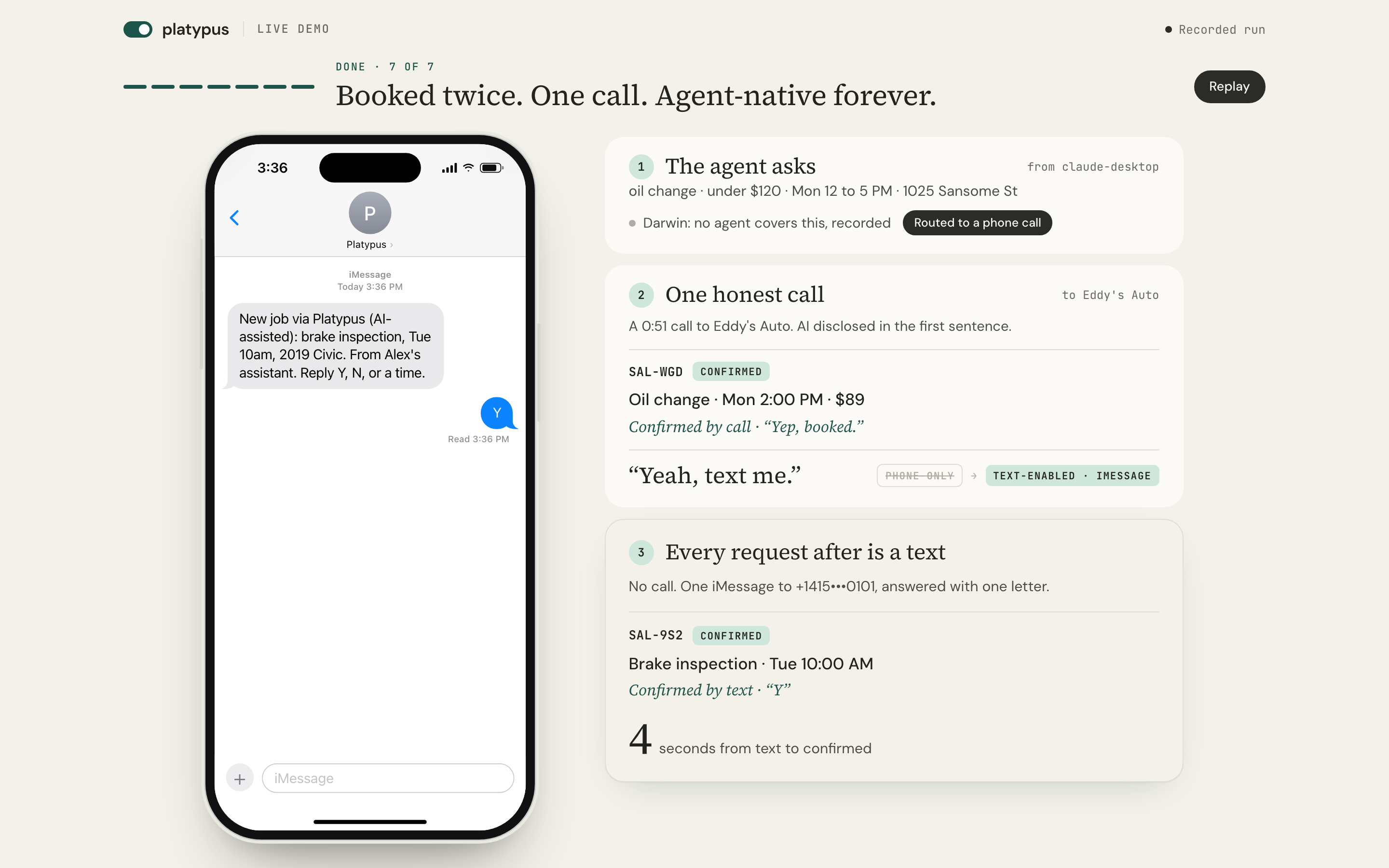 Platypus’s original dashboard showing a booking confirmed by phone and the next booking confirmed by a Y text reply.