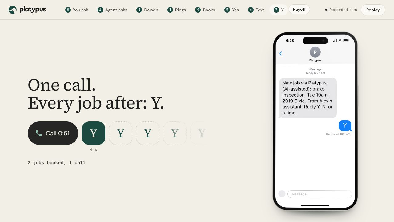 Platypus’s original web replay showing a new job by text and the business replying Y.