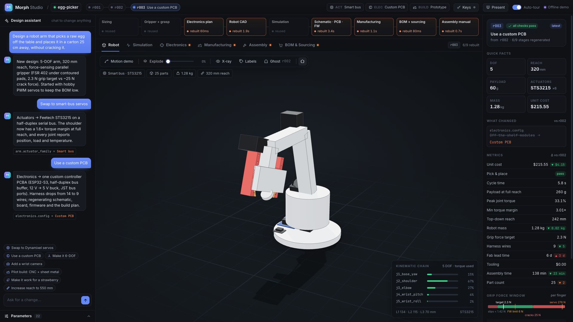 Morph Studio showing a robot arm beside the design conversation, revision history, and engineering checks.