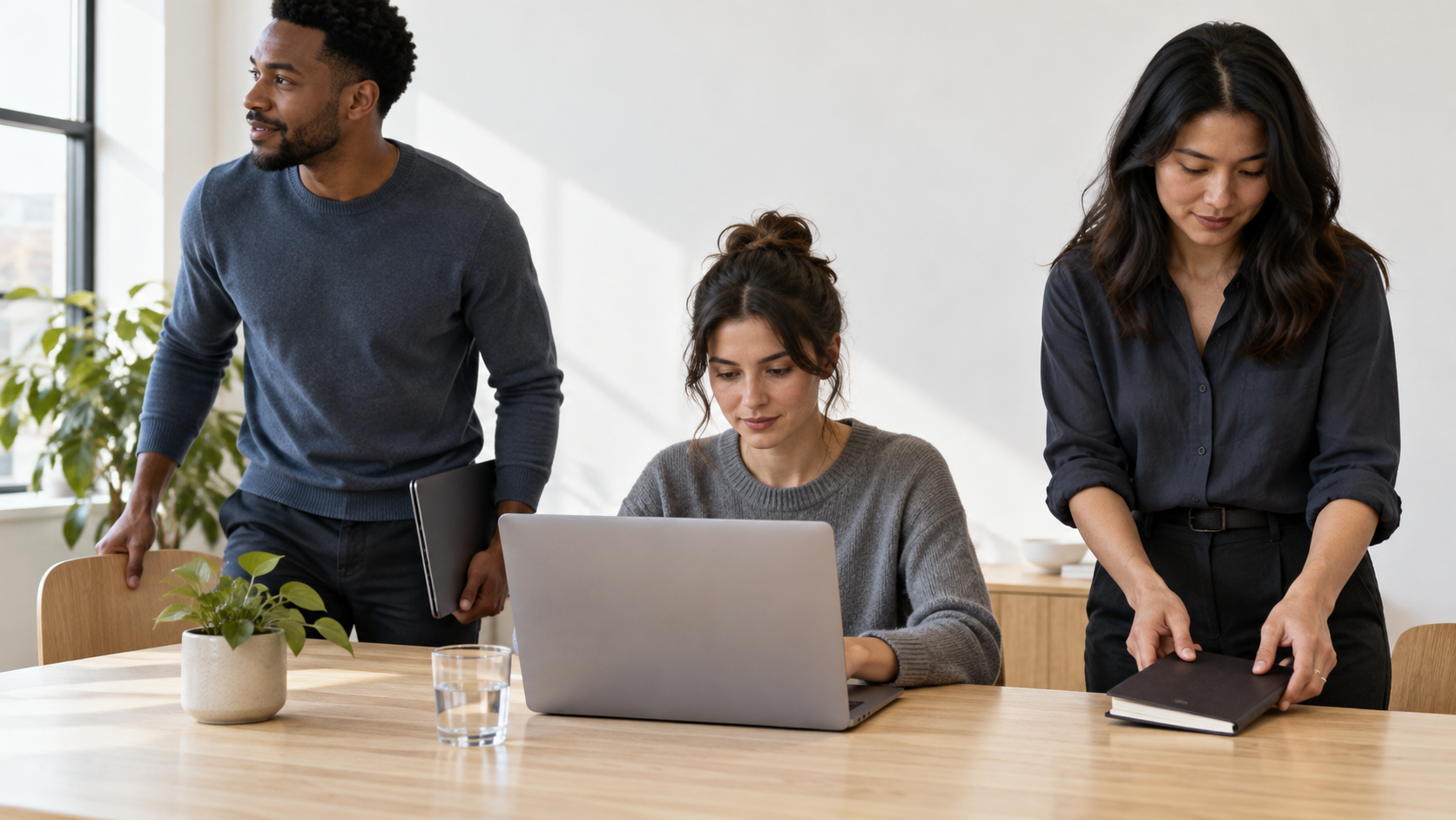 A project team returning to its shared work after a meeting.