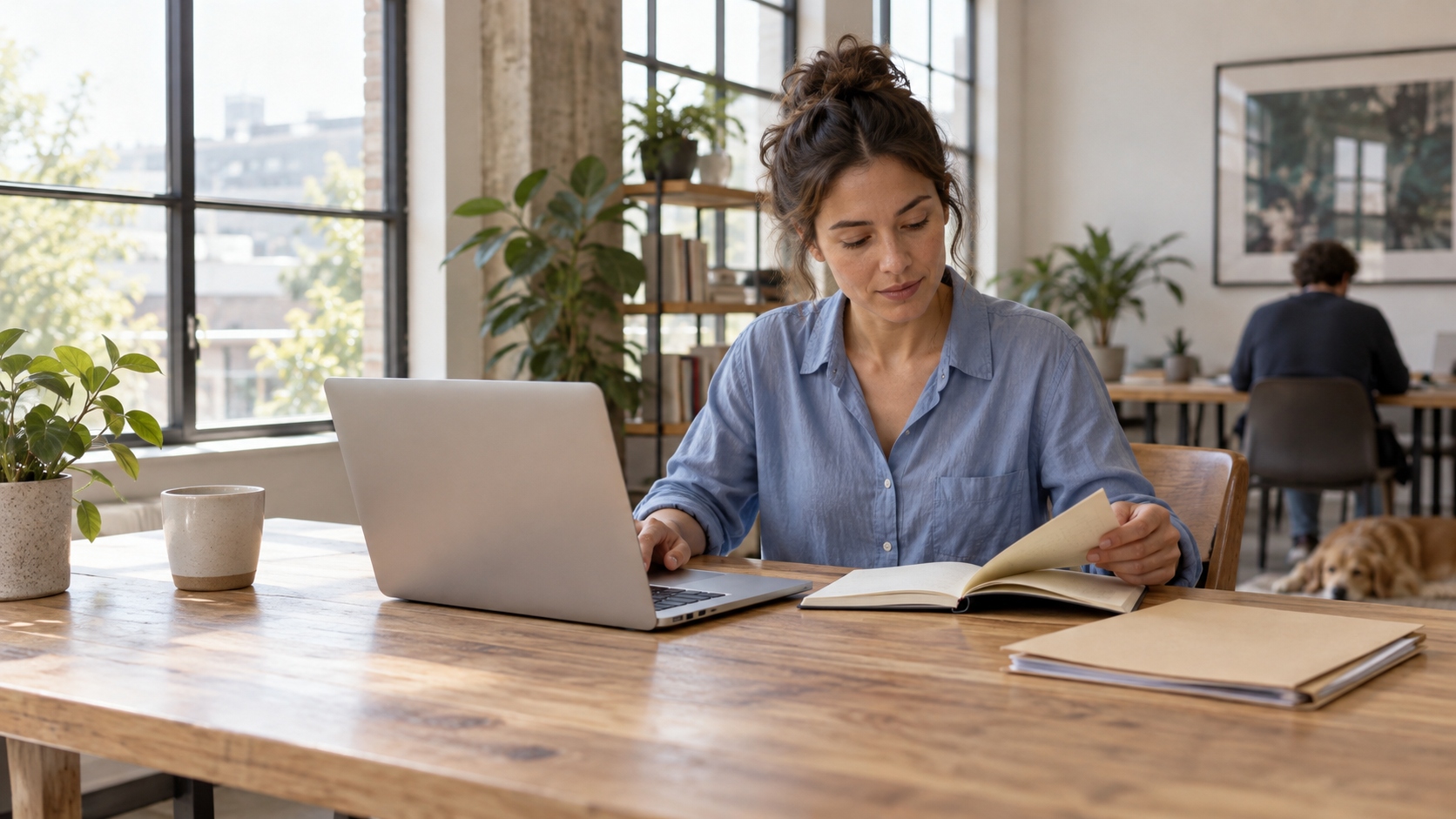 A researcher working with a laptop and reference notes.
