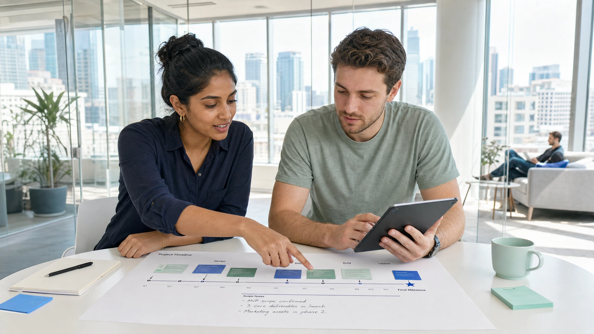 A client and specialist confirm the scope, schedule, and deliverables.