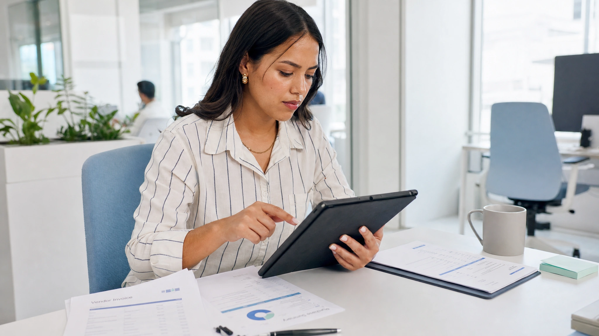 A finance lead checks the vendor, amount, and purchase details before approving payment.