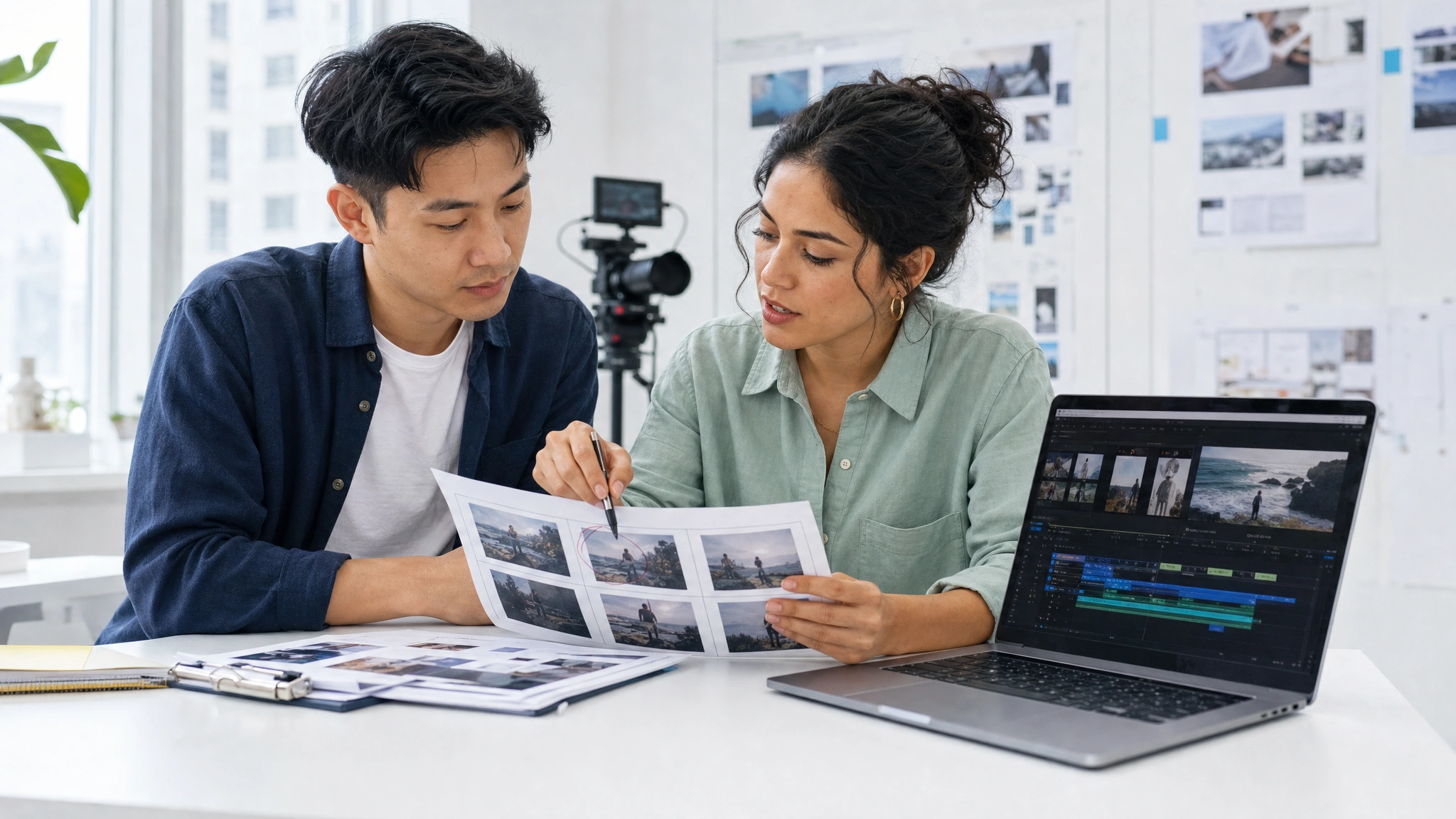 A creative team reviews a video draft and marks the changes it needs.