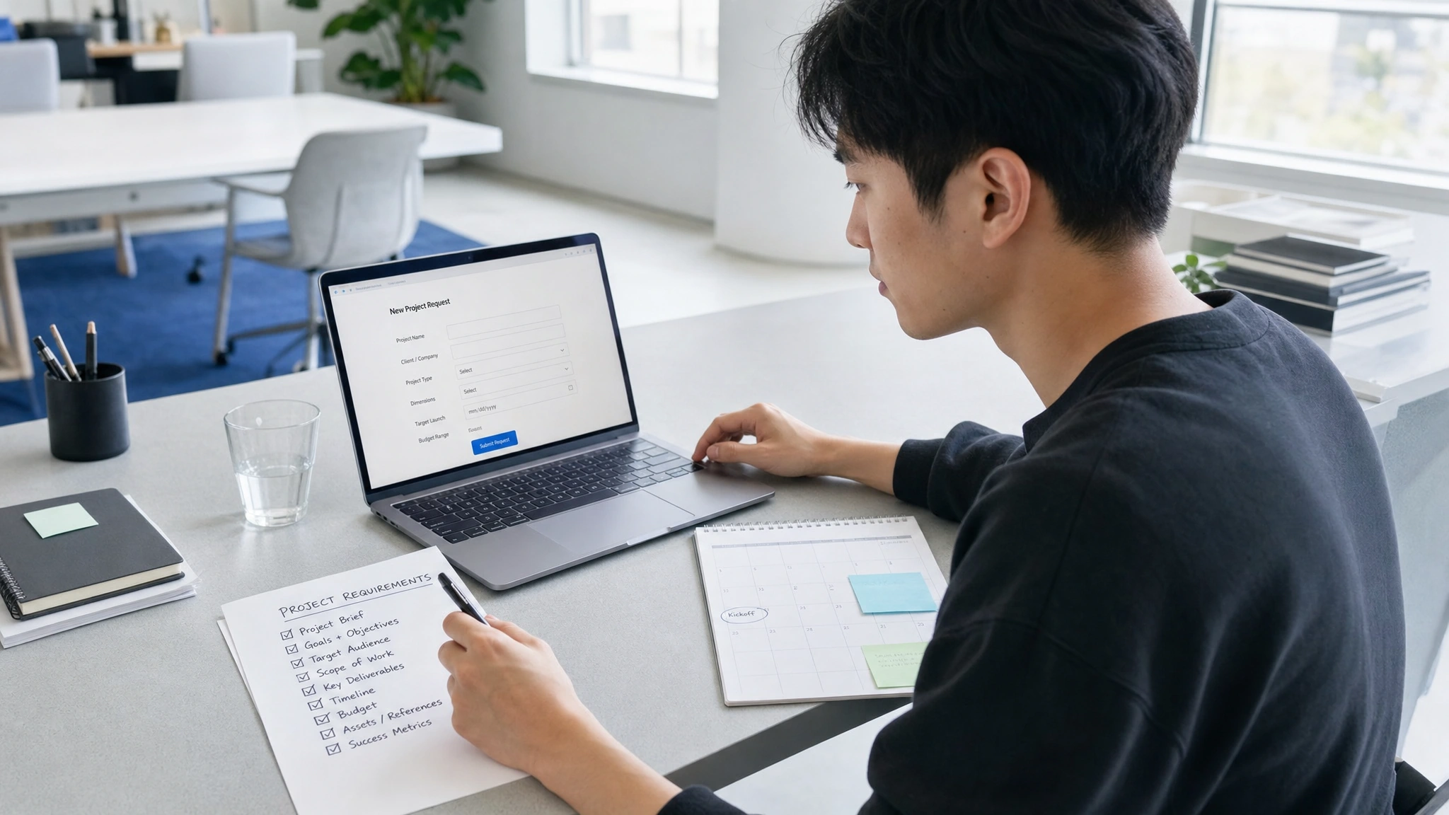 A founder prepares the requirements and contact form for incoming service requests.