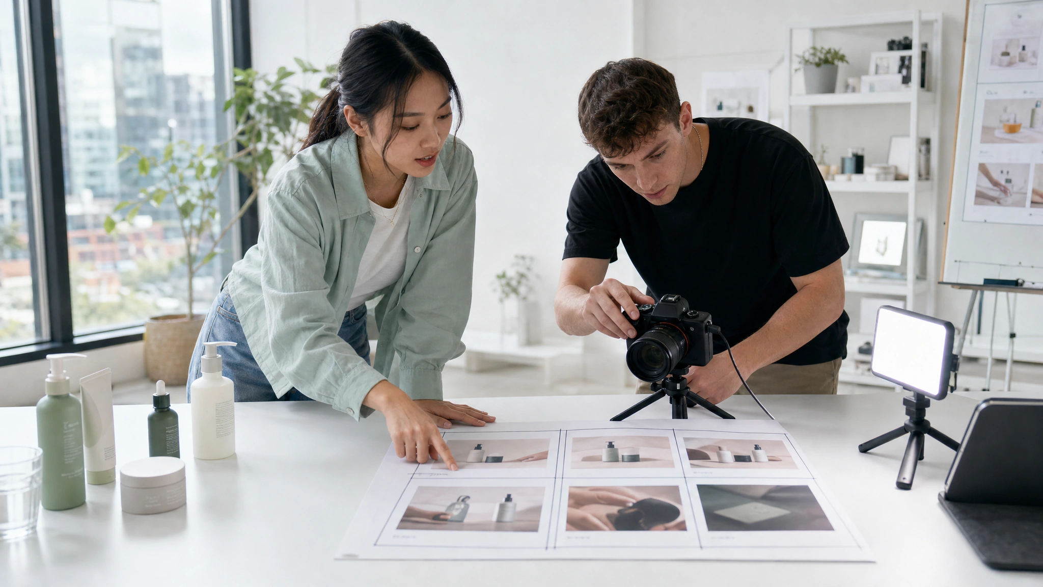 A campaign lead and creator plan six product videos with a storyboard and sample products.