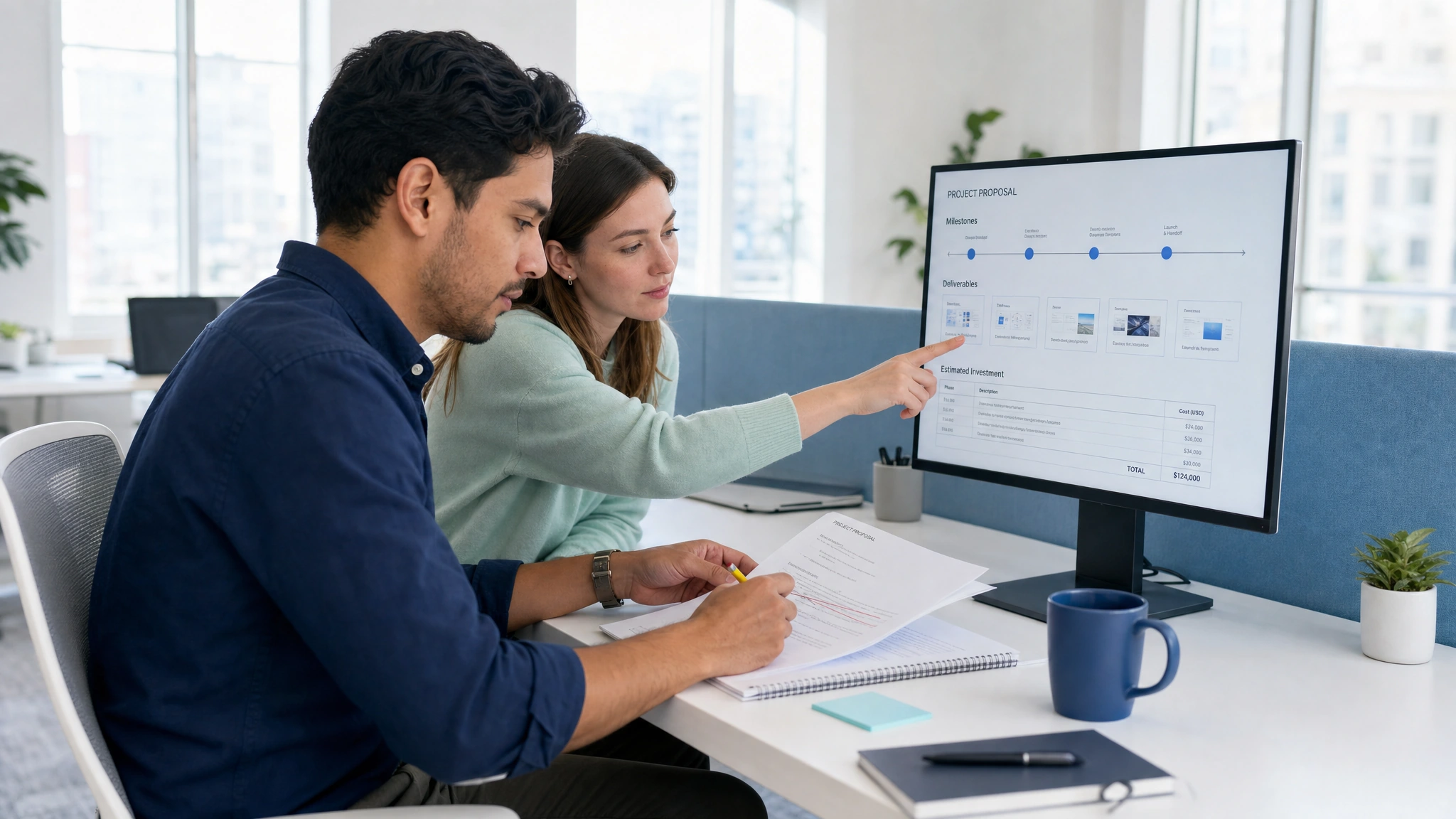 A team checks that its proposal clearly explains the work, price, and timeline.
