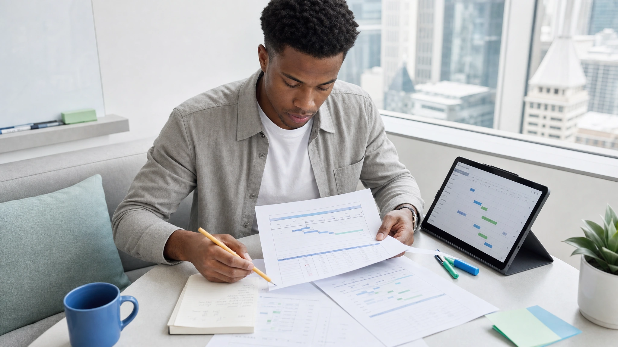 A project manager checks deliverables, timing, and cost against the original request.