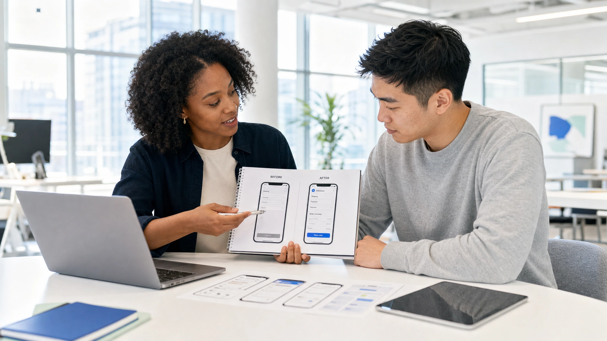 A UX consultant prepares examples that show what her service delivers.
