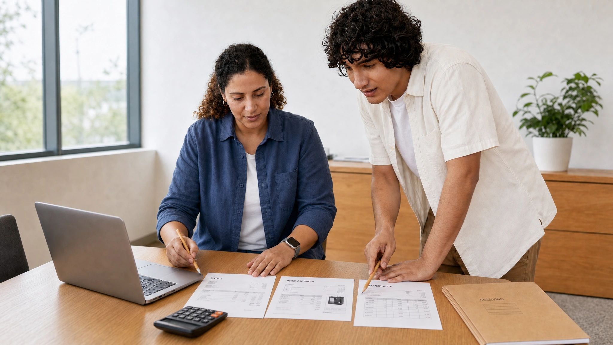 Finance colleagues reviewing invoice records together.