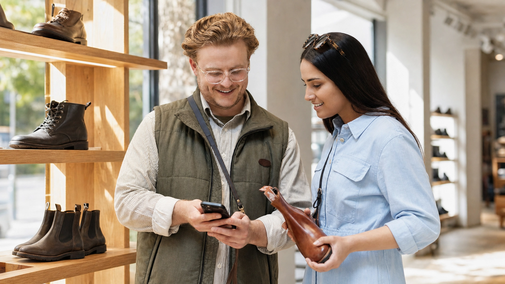A shopper comparing shoes with a retail specialist.